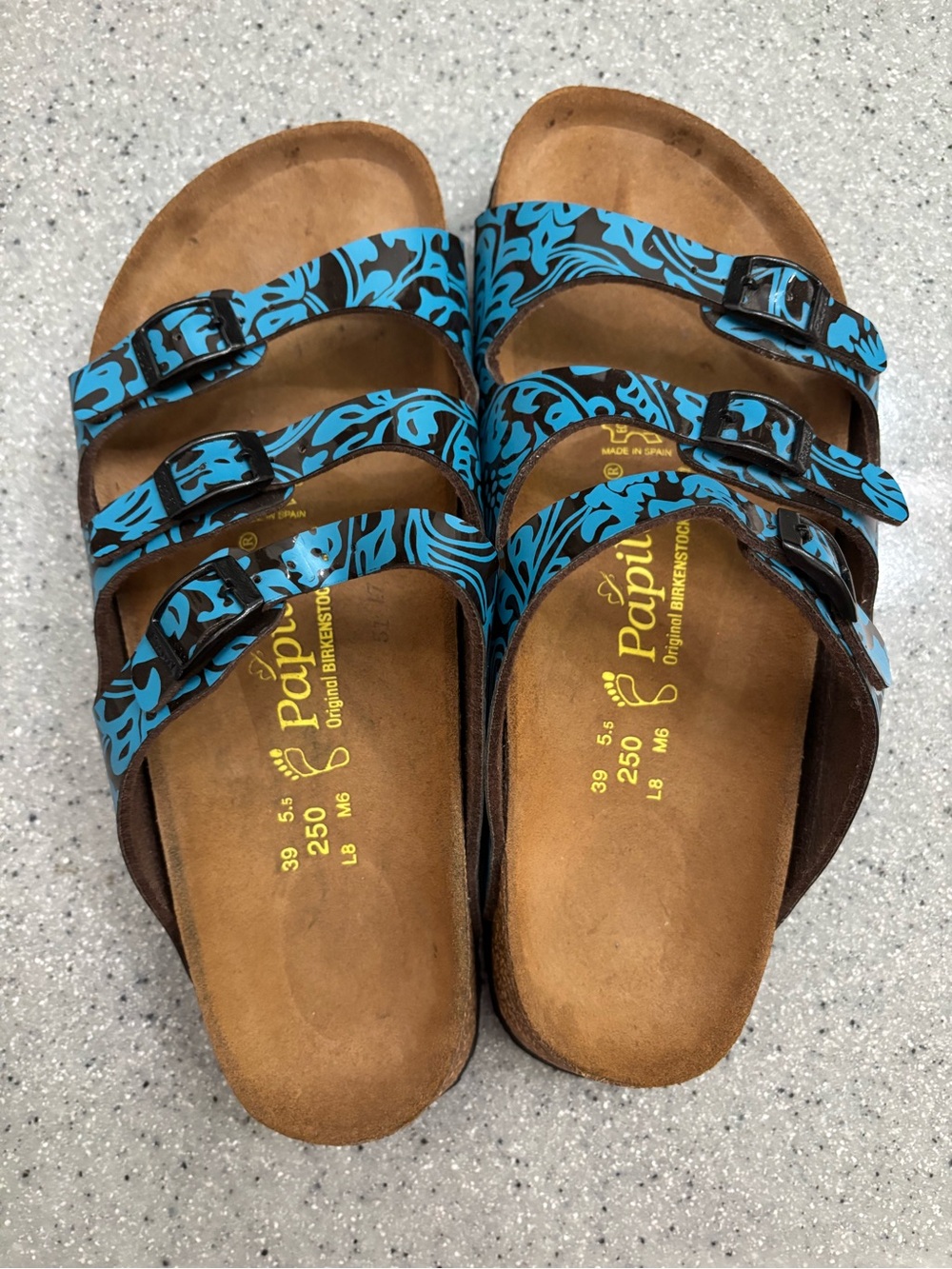 Birkenstock Papillio Brown Cork Sandals with Black and Blue Patterned Straps